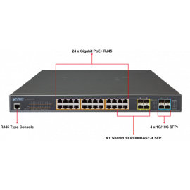 GS-5220-24P4X(R) Planet Коммутатор L2+ 24-Port 10/100/1000T 802.3at PoE + 4-Port 10G SFP+ Managed Switch / 400W