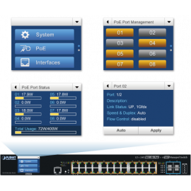 GS-5220-24PL4XV(R) Planet Коммутатор L2+ 24-Port 10/100/1000T 802.3at PoE + 4-Port 10G SFP+ Managed Switch with LCD touch screen