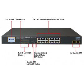 GSW-1820VHP Planet Коммутатор 16-Port 10/100/1000T 802.3at PoE + 2-Port Gigabit SFP Ethernet Switch with LCD PoE Monitor (300W)