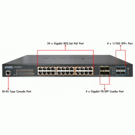 XGSW-28040HP Planet Коммутатор L2+ 24-Port 10/100/1000Mbps 802.3at PoE + 4-Port 10G SFP+ Managed Switch with Hardware Layer3 IPv4/IPv6 Static Routing