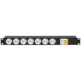TLK-RS07M-C25-BK Блок электрических розеток TLK, 19", 7 гнезд, с автоматом 2P 25A, без шнура питания, металлический корпус